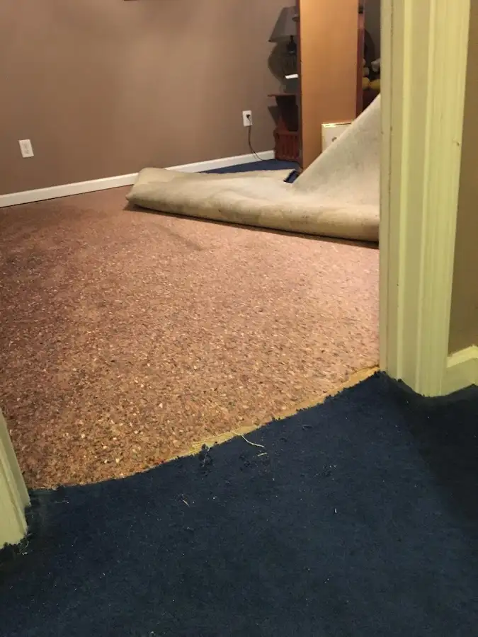 Carpet pad removal revealing water damage during Drying & Dehumidification in Caldwell